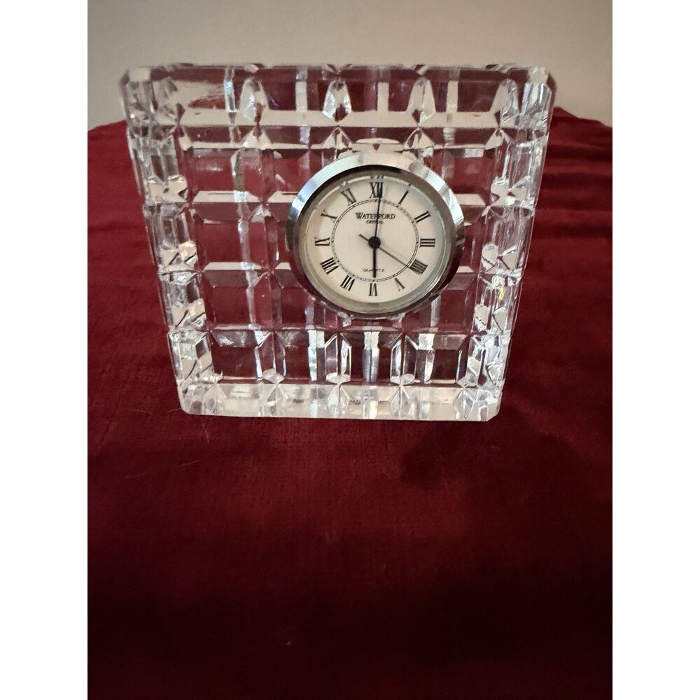 WATERFORD CRYSTAL 5-1/2" Square Crystal Clock Geometric Grid Analog Elegant